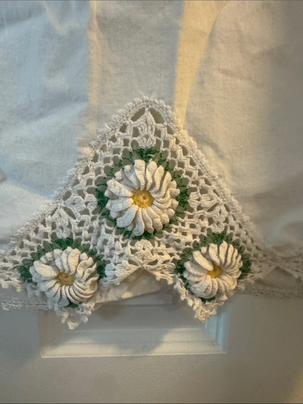 Vintage White Cotton King Pillowcase with Daisy Crochet Trim